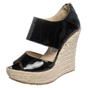مملوكة مسبقًا Jimmy Choo Black Patent Patriot Espadrille Wedge Sandals Size 36.5
