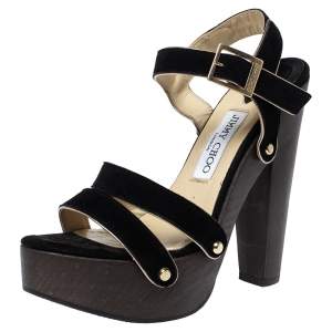 Pre Owned Jimmy Choo Black Suede Wooden Platform Ankle Strap Sandals Size 38