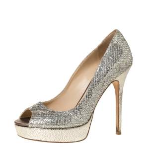 Pre Owned Jimmy Choo Metallic Champagne Glitter Fabric Dahlia Peep Toe Platform Pumps Size 38