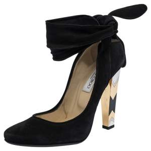 Pre Owned Jimmy Choo Black Suede Ankle Wrap Round Toe Pumps Size 39.5