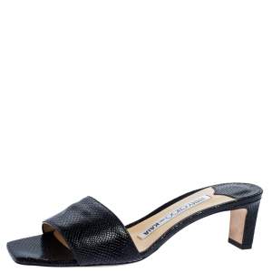 Pre Owned Jimmy Choo x Kaia Black Snakeskin Embossed Leather K-Slide Sandals Size 39