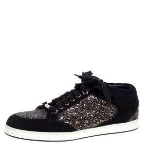 Pre Owned Jimmy Choo Black Glitter And Suede Miami Low Top Sneakers Size 40
