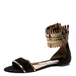 Pre Owned Jimmy Choo Black Suede and Mirror Leather Kimro Ankle Cuff Flat Sandals Size 40