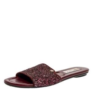 Pre Owned Jimmy Choo Metallic Burgundy Coarse Glitter Nanda Flat Slides Size 38
