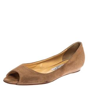 Pre Owned Jimmy Choo Beige Suede Leather Peep Toe Ballet Flats Size 36