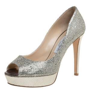 مملوكة مسبقًا Jimmy Choo Gold Champagne Glitter Luna Peep Toe Platform Pumps Size 38