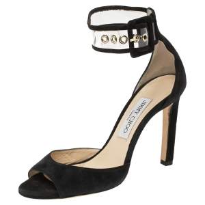 Jimmy Choo Black Suede and PVC Moscow Peep Toe Ankle Cuff Sandals Size 38