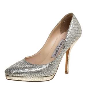 Jimmy Choo Silver Glitter Fabric And Lizard Embossed Leather Hope Platform Pumps Size 35.5