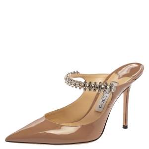 مملوكة مسبقًا Jimmy Choo Beige Patent Leather Bing 65 Crystal Embellished Pointed Toe Mule Sandals Size 39.5