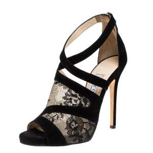 Jimmy Choo Black Suede and Lace Virion Inset Glove Sandals Size 36.5