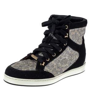 Pre Owned Jimmy Choo Black/Silver Suede And Glitter Tokyo Sneakers Size 35.5