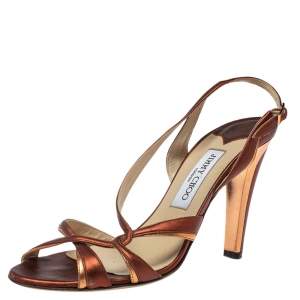 Pre Owned صندل جيمى تشو فتحة كعب ليونا جلد أحمر / نحاسى ميتالك مقاس 39.5