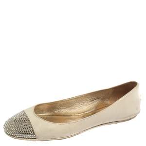 Jimmy Choo White Leather Waine Crystal Embellished Cap Toe Ballet Flats Size 36.5