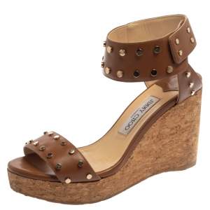 Jimmy Choo Brown Studded Leather Veto Cork Wedge Sandals Size 38.5