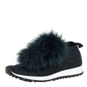 Pre Owned Jimmy Choo Green Knit And Lurex Norway Pom Pom Sneakers Size 38.5
