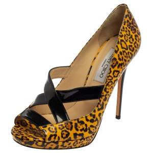 Pre Owned Jimmy Choo Yellow/Black Leopard Print Patent Leather Gesture Platform Pumps Size 39.5