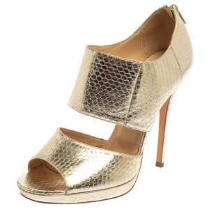 Pre Owned Jimmy Choo Gold Python Embossed Leather Private Peep Toe Sandals  Size 40