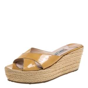 Pre Owned Jimmy Choo Yellow Patent Leather Wedge Crisscross Sandals Size 37.5