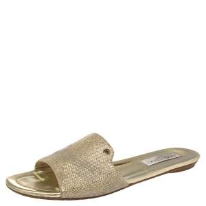 Pre Owned Jimmy Choo Gold Lamé And Glitter Nanda Flat Slides Size 39.5