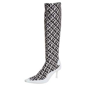 Pre Owned Jimmy Choo White/Black Leather And Stretch Fabric Knee High Boots Size 37