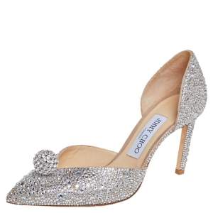 مملوكة مسبقًا Jimmy Choo Silver Suede Crystal Embellishment D'Orsay Pumps Size 37.5