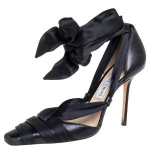 Jimmy Choo Black Satin And Leather Ankle Wrap Sandals Size 40