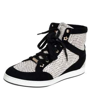Pre Owned Jimmy Choo White/Black Suede And Snakeskin Embossed High Top Sneakers Size 38.5