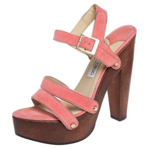 Jimmy Choo Pink Suede Wooden Platform Ankle Strap Sandals Size 40