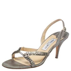 مملوكة مسبقًا Jimmy Choo Silver Leather Crystal Embellished Slingback Sandals Size 40