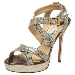 Pre Owned Jimmy Choo Metallic Gold Glitter Strappy Platform Sandals Size 38