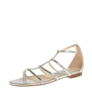 Jimmy Choo Metallic Silver Textured Leather Dory Open Toe Flat Sandals Size 35