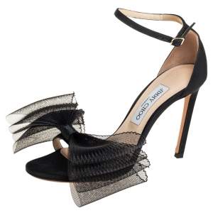 Pre Owned Jimmy Choo Black Canvas And Net  Fascinator Bows Ankle Strap Sandals Size 39