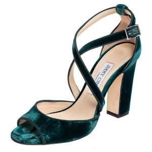 Pre Owned Jimmy Choo Green Velvet Carrie Ankle Strap Sandals Size 38