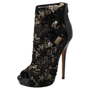 Pre Owned Jimmy Choo Black Lace And Patent Leather Bow Peep Toe Platform Booties Size 39