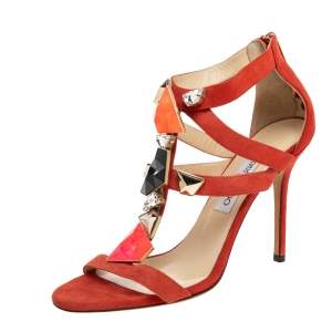Pre Owned Jimmy Choo Orange Suede Agave Crystal Embellished T Strap Sandals Size 40