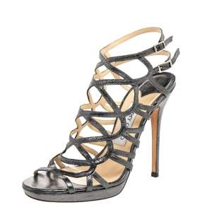 Pre Owned Jimmy Choo Metallic Black Leather Caged Gladiator Sandals Size 38.5