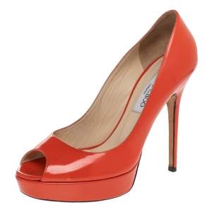 Pre Owned Jimmy Choo Orange Patent Leather Peep Toe Platform Pumps Size 38