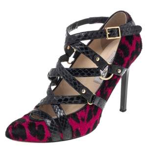 Pre Owned Jimmy Choo Black/Pink Print Pony Hair And Snake Skin Leather Jazz Strappy Pumps Size 37.5