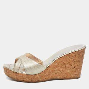 Pre Owned Jimmy Choo Gold Textured Leather Platform Wedge Slide Sandals Size 41.5