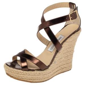 Jimmy Choo Brown Leather Espadrille Wedge Sandals Size 37