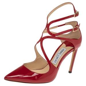 Pre Owned Jimmy Choo Red Patent Leather Lancer Strappy Pumps Size 37