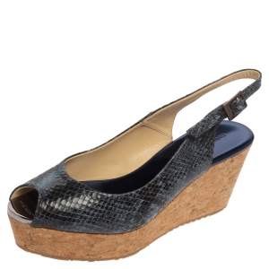 Pre Owned Jimmy Choo Blue/Black Python Embossed Leather Praise Wedge Sandals Size 37