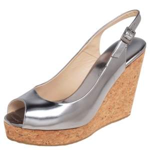 Pre Owned Jimmy Choo Silver Leather Cork Wedge Ankle Strap Sandals Size 38