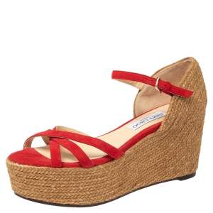 Jimmy Choo Red Suede Strappy Espadrille Wedge Sandals Size 38