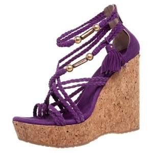Pre Owned Jimmy Choo Purple Suede Braided Suede Cork Wedge Platform Sandals Size 38