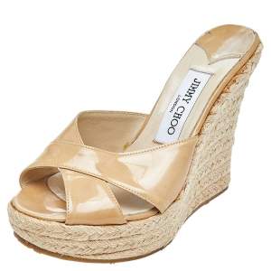 Pre Owned Jimmy Choo Beige Patent Leather Phyllis Espadrilles Platform Wedges Sandals Size 37