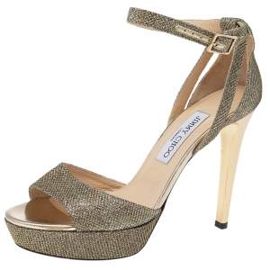 Pre Owned Jimmy Choo Gold-Silver Lurex Fabric And Glitter Kayden Platform Ankle Strap Sandals Size 38