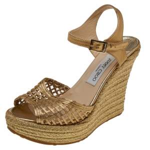 Pre Owned Jimmy Choo Gold Leather Wedge Platform Espadrille Sandals Size 40