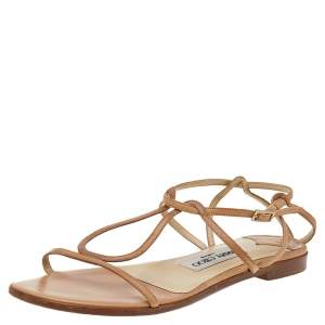 Pre Owned Jimmy Choo Beige Leather T-Strap Sandals Size 38