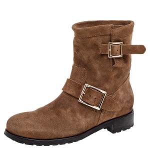 Pre Owned Jimmy Choo Brown Suede Youth Buckle Detail Biker Ankle Length Boots Size 39.5